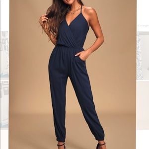 Lulu’s Learning to Fly Navy Blue Halter Jumpsuit